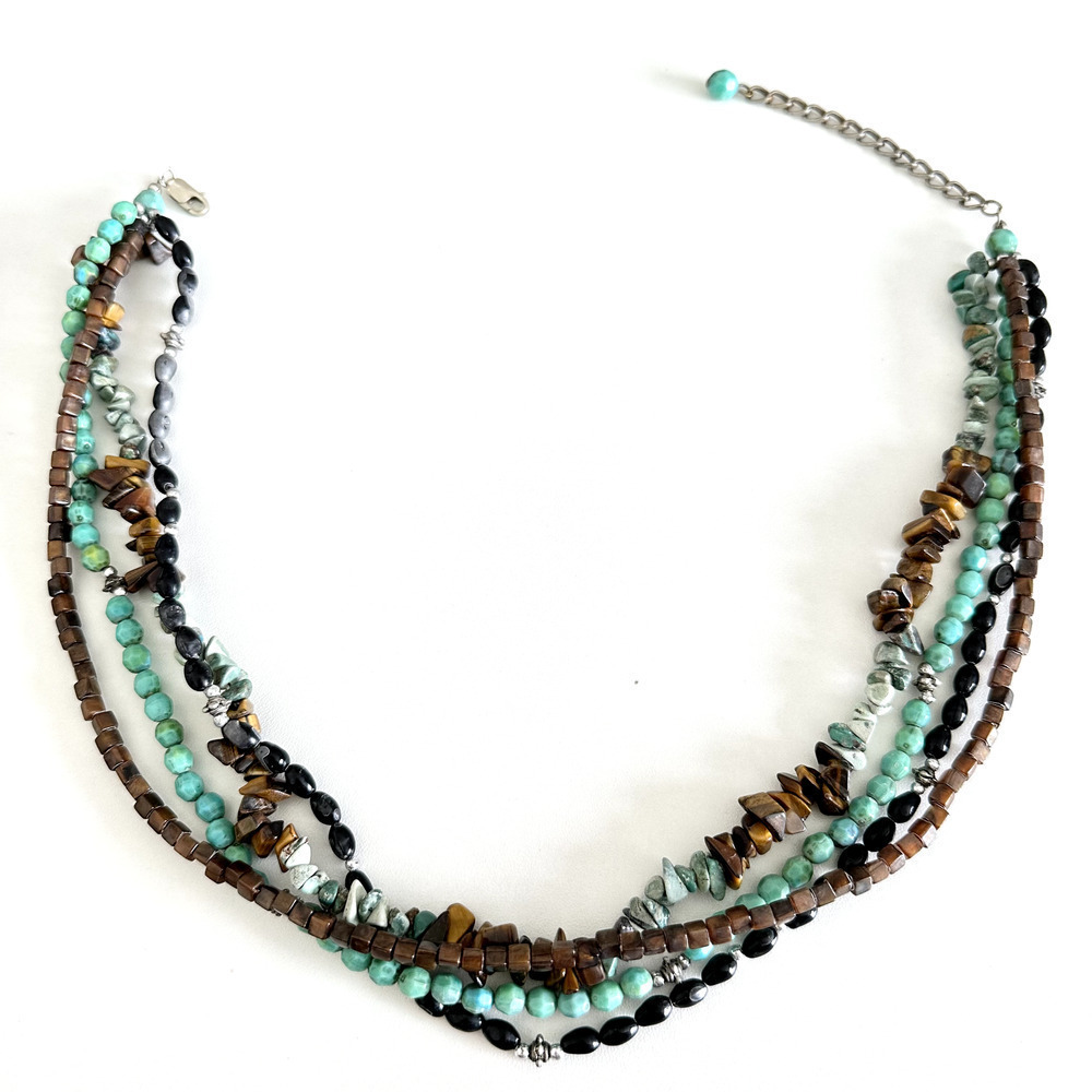 925 Sterling Silver Vintage Multi Gemstone Turquoise Multi Strand Necklace